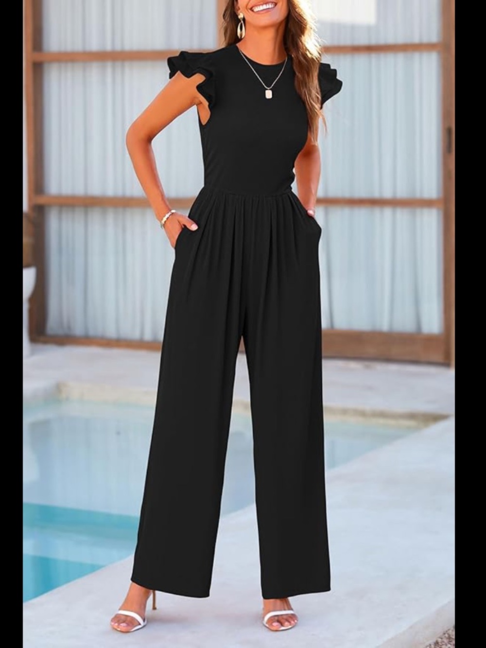 PrettyGarden  Women’s Crew Neck Ruffle Cap Sleeves Rib Knit Jumpsuit Romper